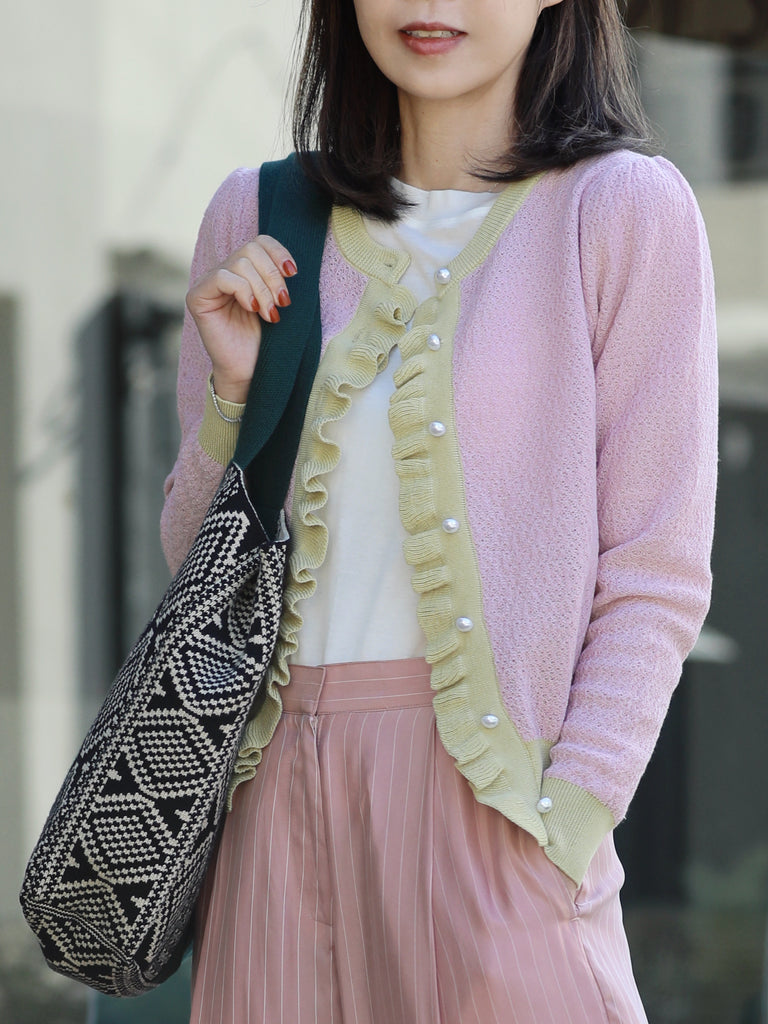 Geometric Pattern Contrast Border Knitted Everyday Tote