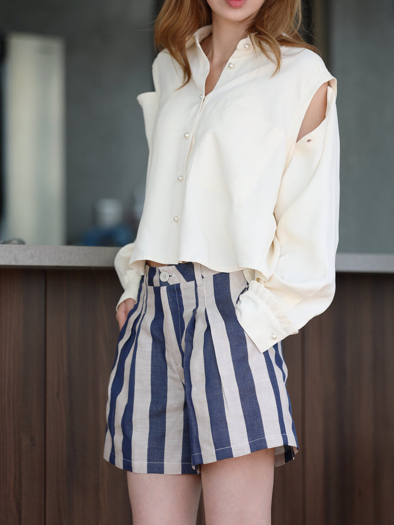 Coastal Blue Stripe Contrast Piped Pure Linen Tailored Shorts