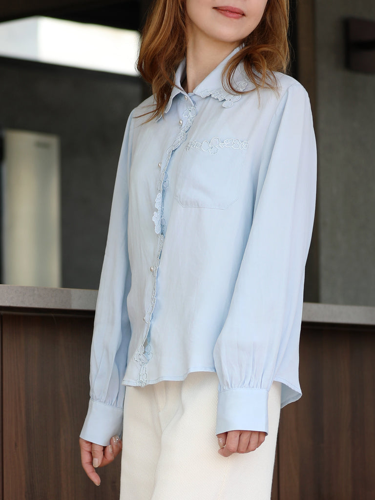 Baby Blue Floral Embroidered Pearl Button Washed Denim Shirt