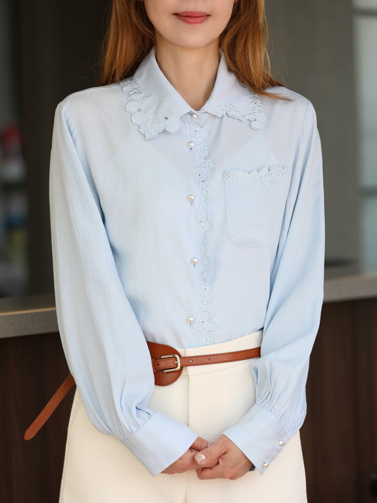 Baby Blue Floral Embroidered Pearl Button Washed Denim Shirt