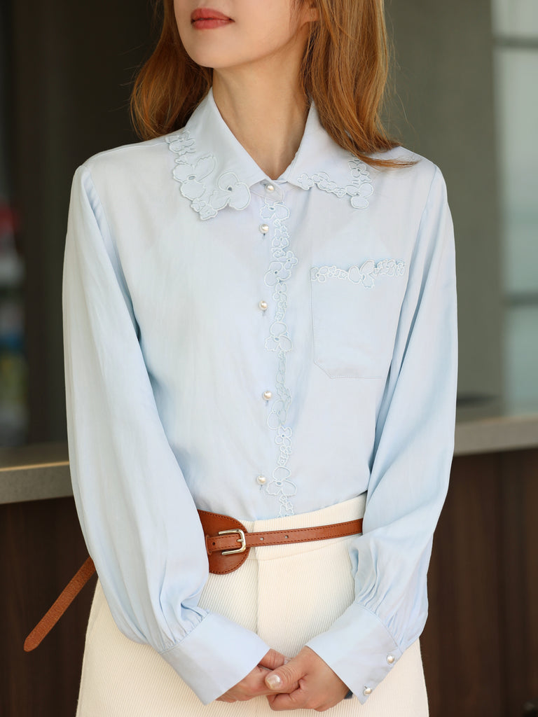 Baby Blue Floral Embroidered Pearl Button Washed Denim Shirt