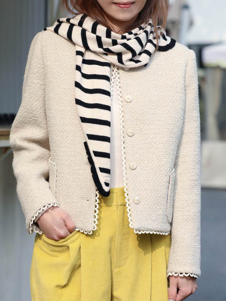 Navy/ White Stripe Ruffle Trim Triangle Cashmere Wool Scarf