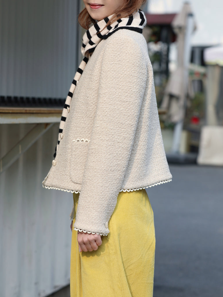 Ivory White Bouclè Wool Scalloped Trim Patch Pocket Jacket