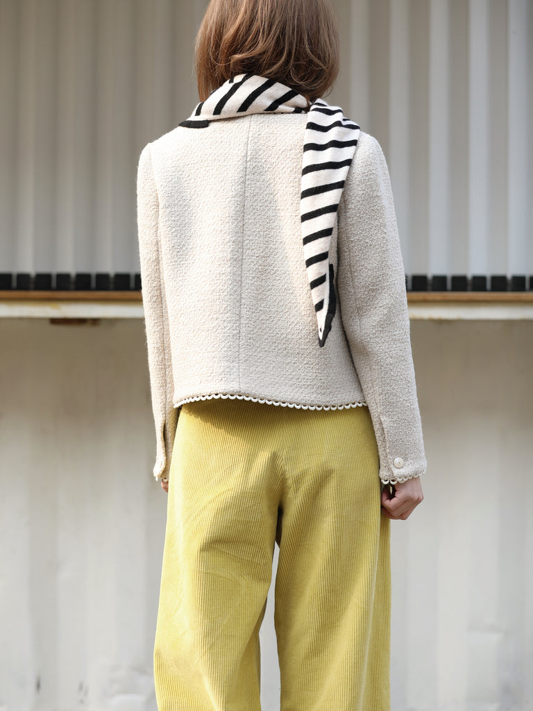 Ivory White Bouclè Wool Scalloped Trim Patch Pocket Jacket