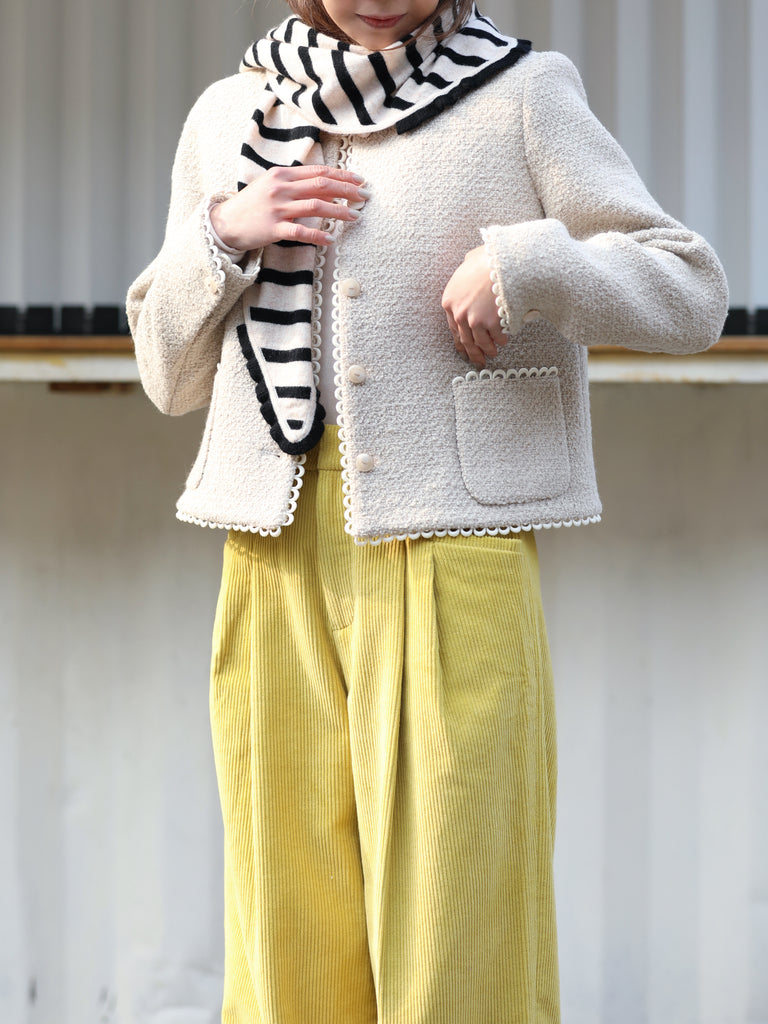 Navy/ White Stripe Ruffle Trim Triangle Cashmere Wool Scarf