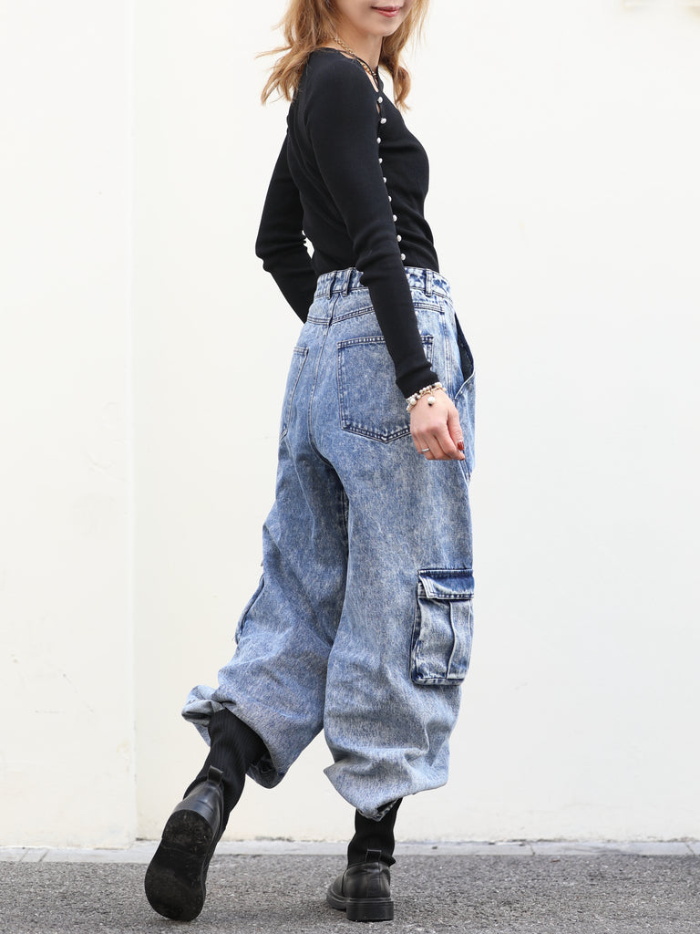 Washed Blue Utility Pocket Wide-Leg Denim Cargo Trousers