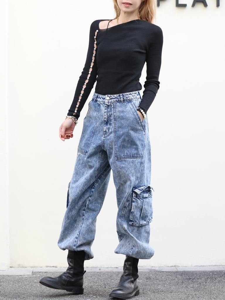 Washed Blue Utility Pocket Wide-Leg Denim Cargo Trousers