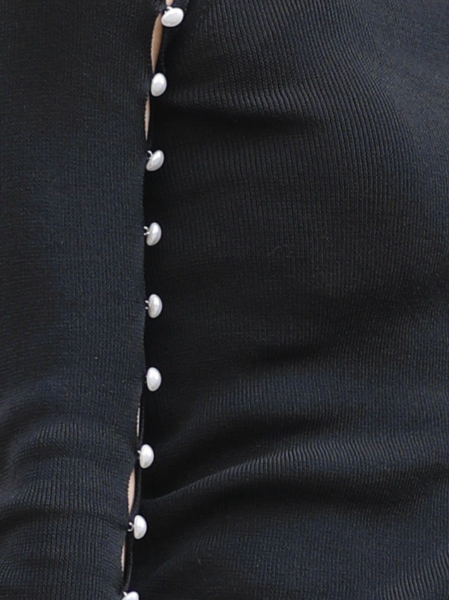 Black Asymmetric Pearl Button Cutout Cotton Ribbed Top