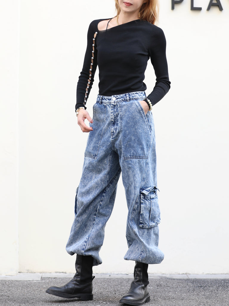 Washed Blue Utility Pocket Wide-Leg Denim Cargo Trousers