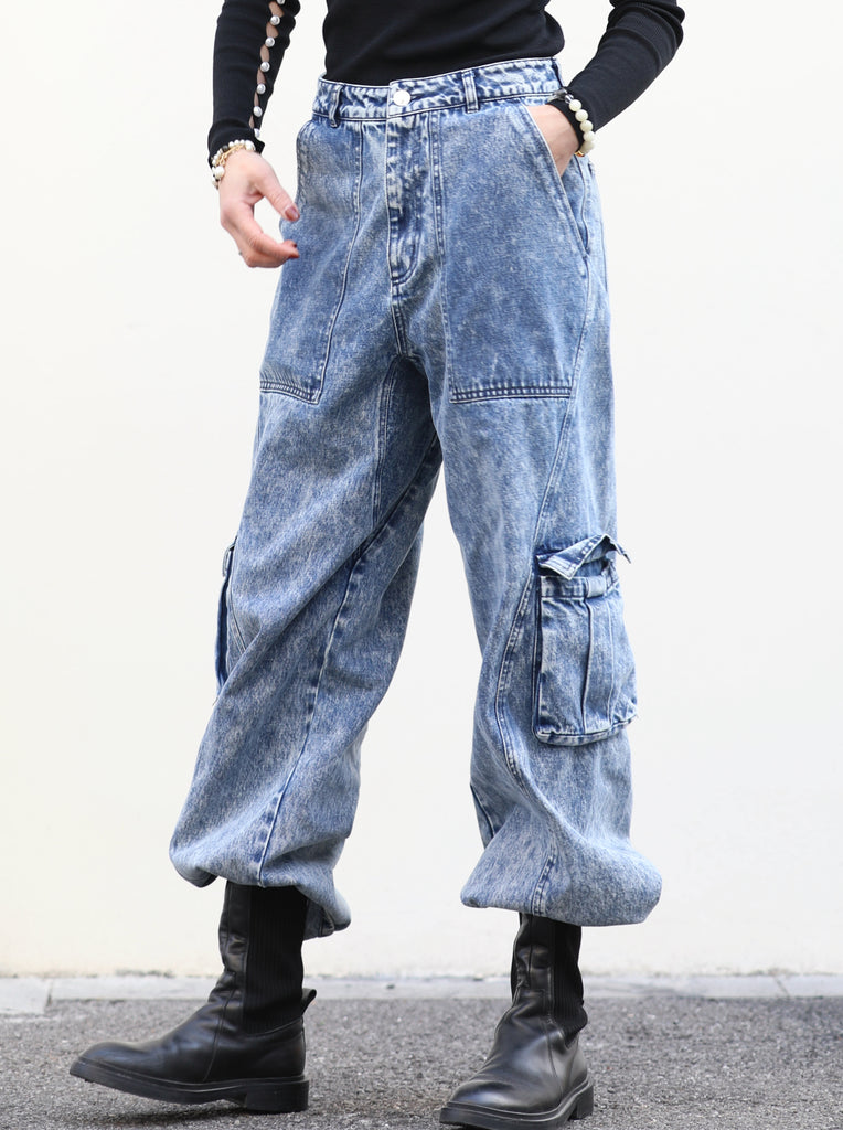 Washed Blue Utility Pocket Wide-Leg Denim Cargo Trousers