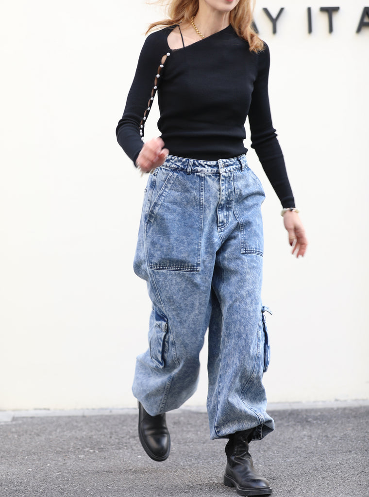 Washed Blue Utility Pocket Wide-Leg Denim Cargo Trousers