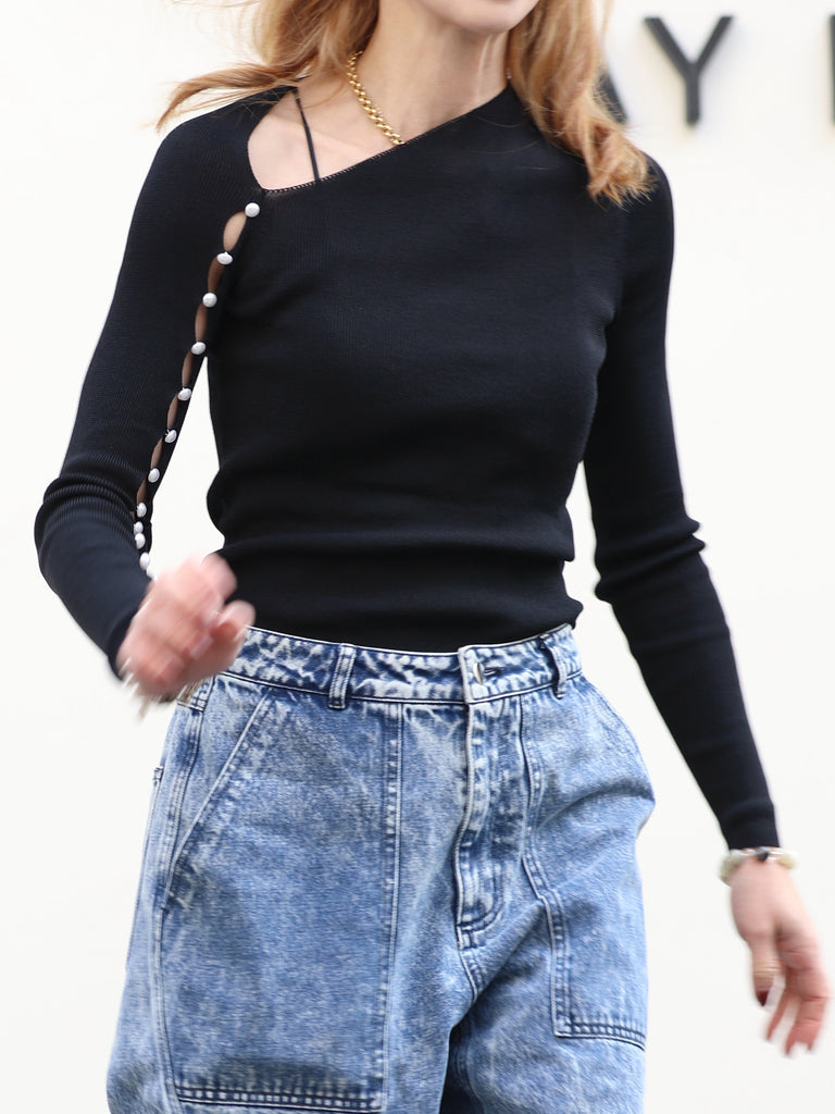 Black Asymmetric Pearl Button Cutout Cotton Ribbed Top