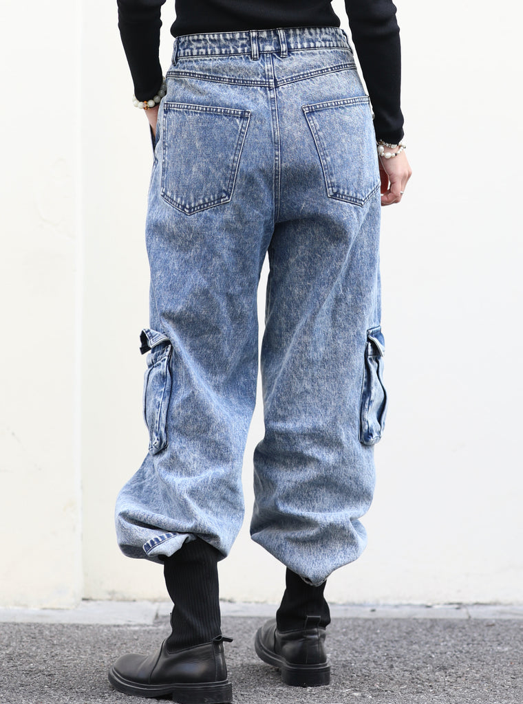 Washed Blue Utility Pocket Wide-Leg Denim Cargo Trousers