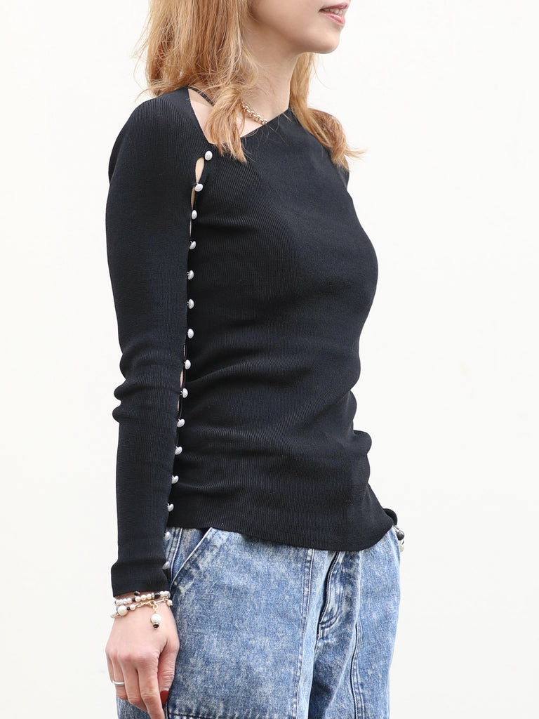 Black Asymmetric Pearl Button Cutout Cotton Ribbed Top