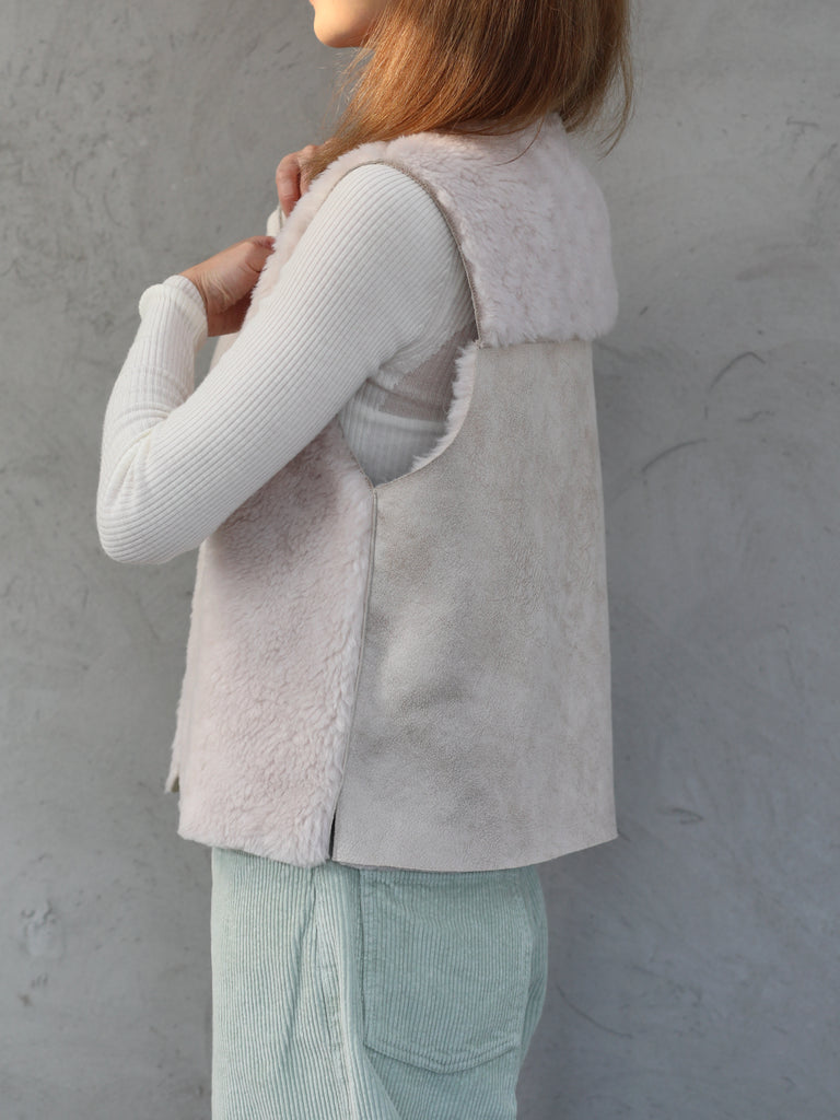 Soft White Shearling-Finish Pure Merino Wool Furry Gilet