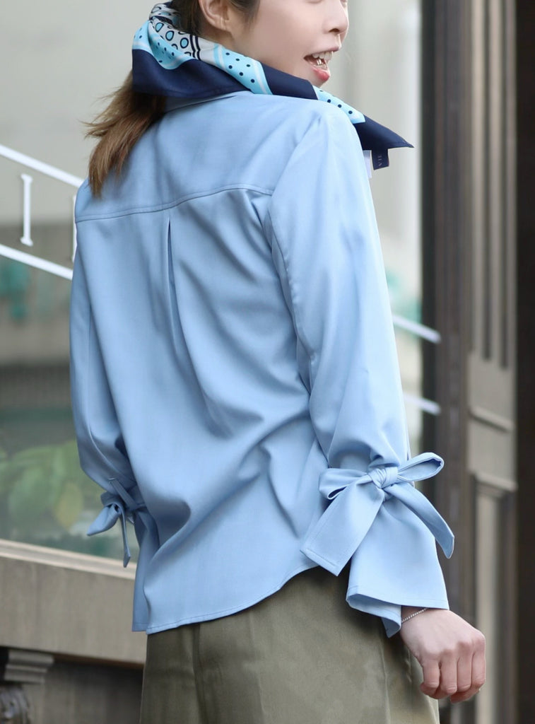 Blue Bow-Tie Sleeve Asymmetric Flap Button Front Shirt