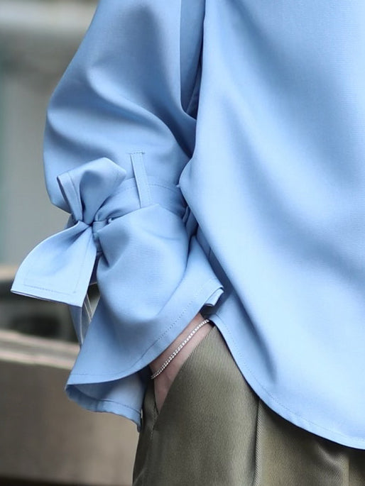 Blue Bow-Tie Sleeve Asymmetric Flap Button Front Shirt