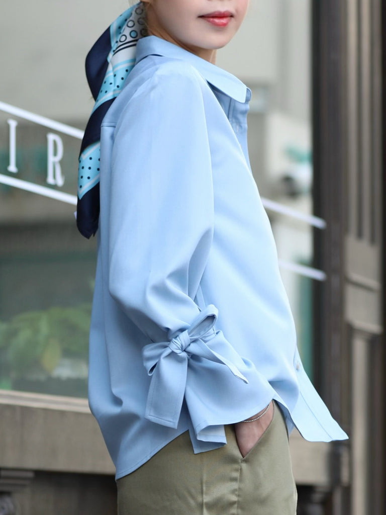 Blue Bow-Tie Sleeve Asymmetric Flap Button Front Shirt