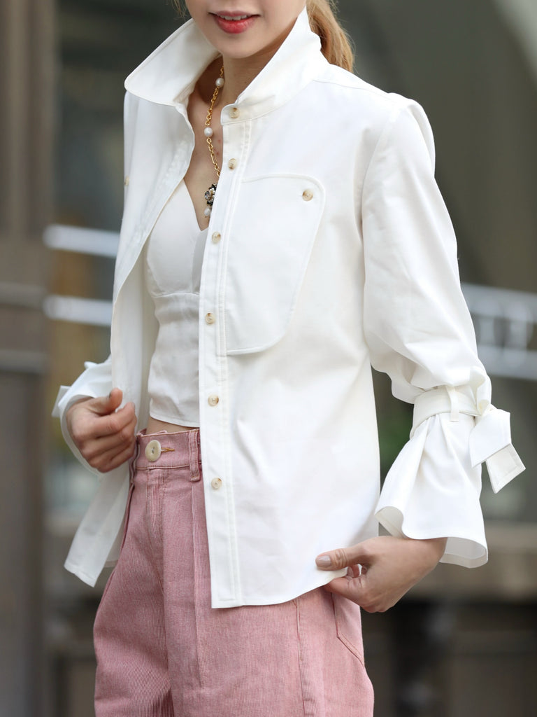 White Bow-Tie Sleeve Asymmetric Flap Button Front Shirt