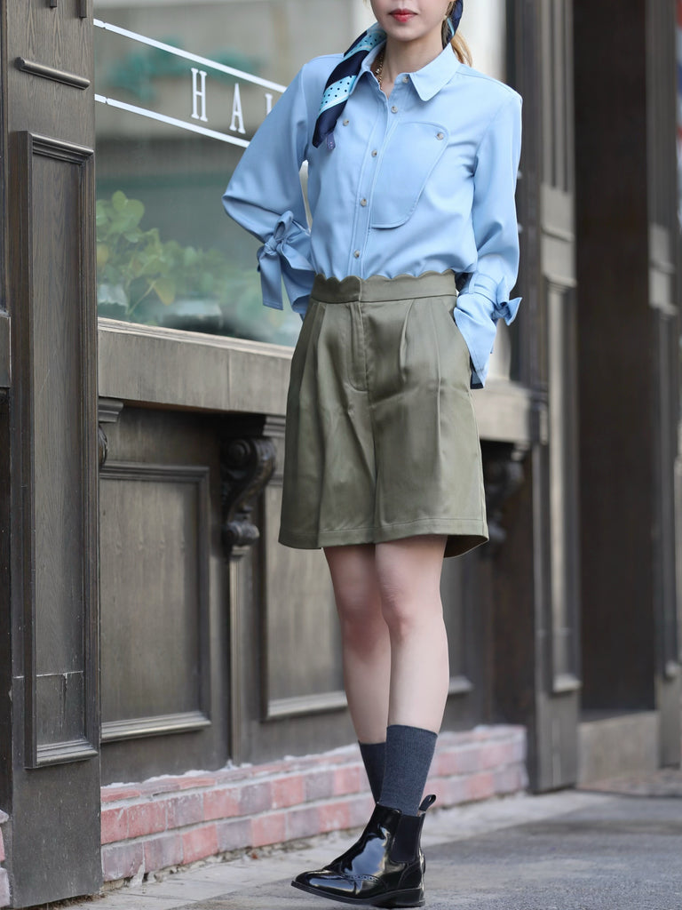 Blue Bow-Tie Sleeve Asymmetric Flap Button Front Shirt