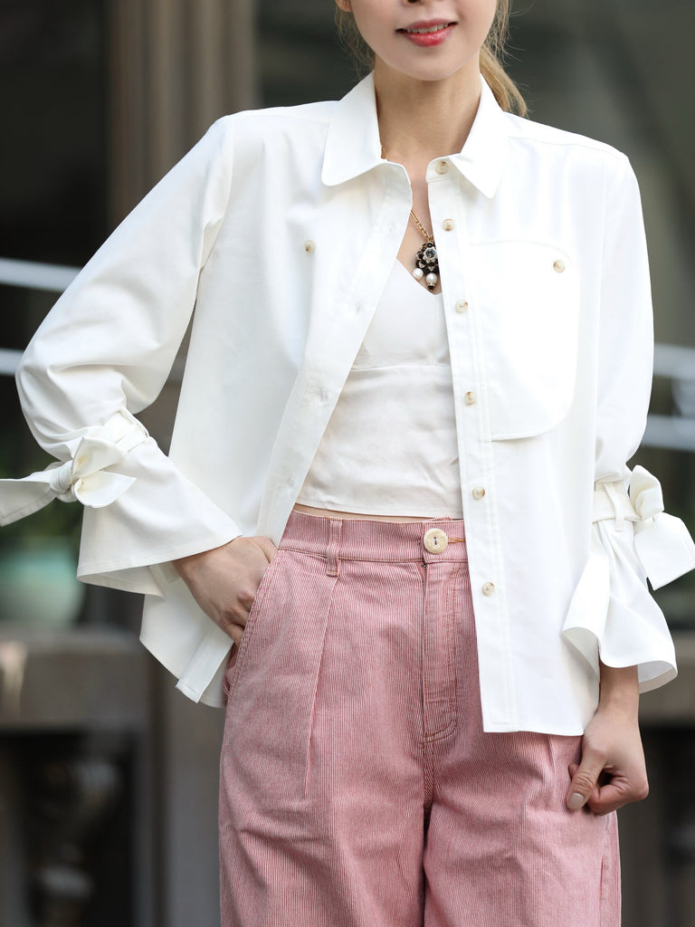 White Bow-Tie Sleeve Asymmetric Flap Button Front Shirt
