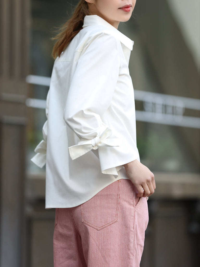 White Bow-Tie Sleeve Asymmetric Flap Button Front Shirt