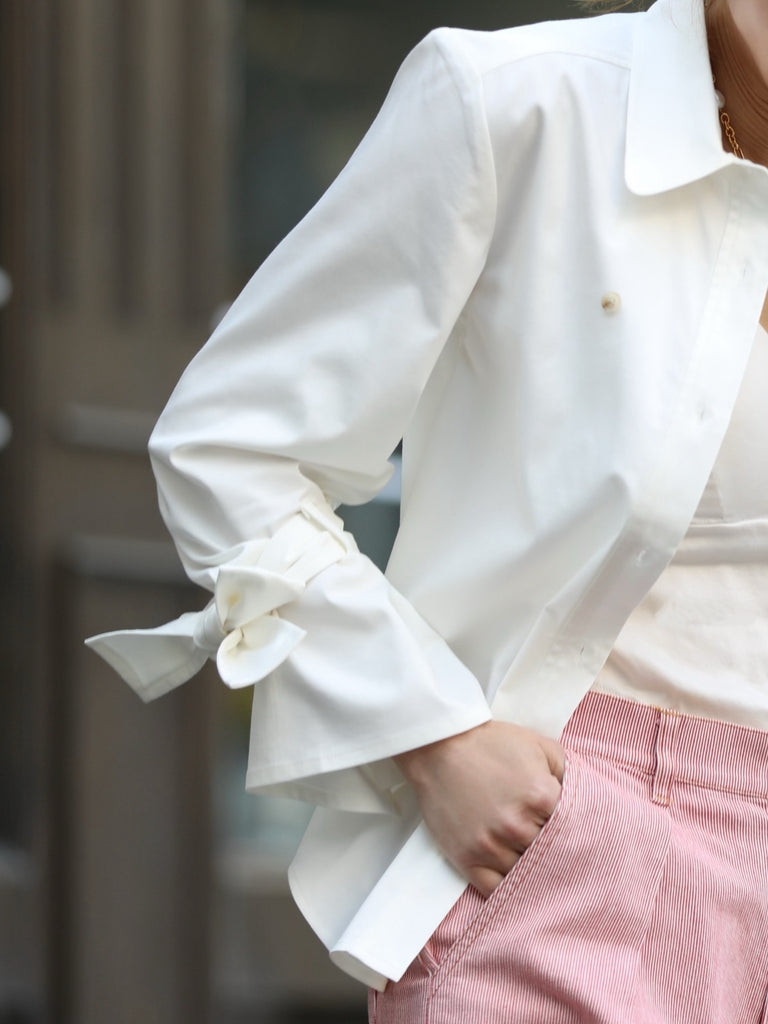 White Bow-Tie Sleeve Asymmetric Flap Button Front Shirt