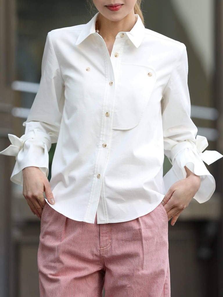 White Bow-Tie Sleeve Asymmetric Flap Button Front Shirt