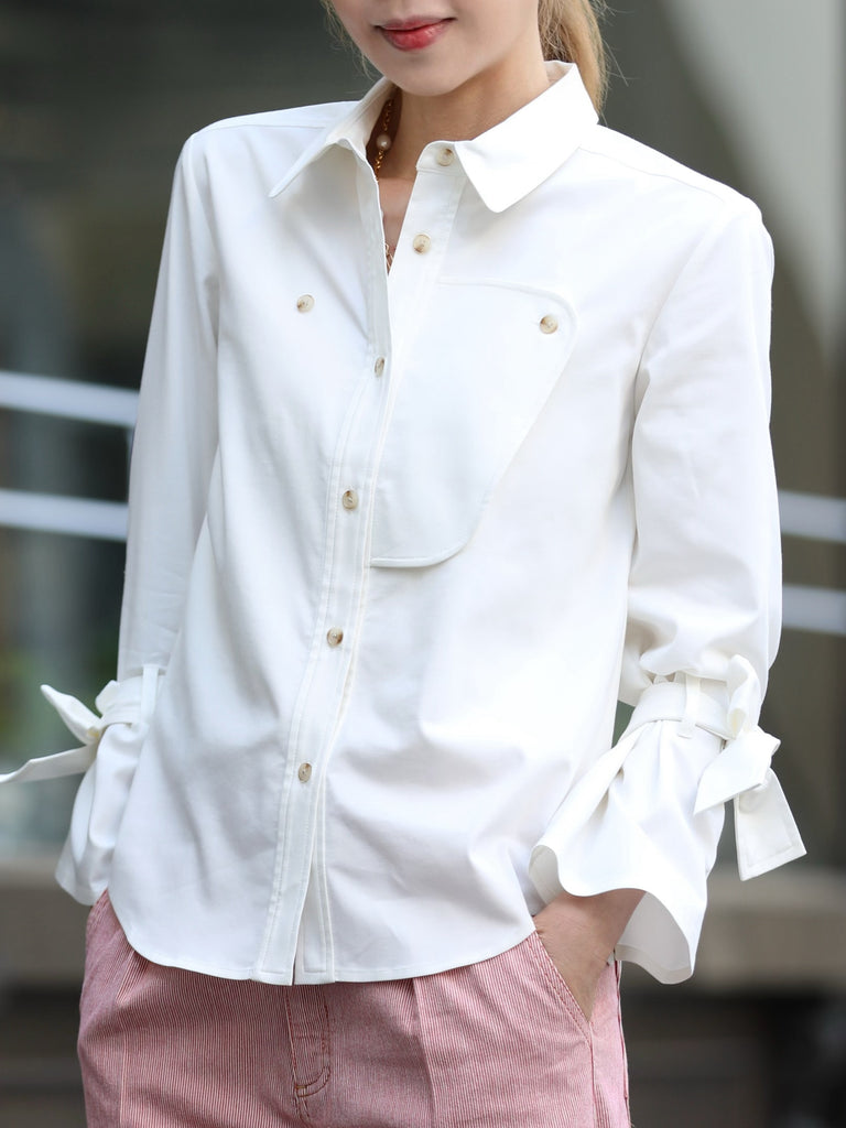 White Bow-Tie Sleeve Asymmetric Flap Button Front Shirt
