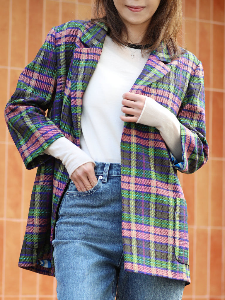 Pastel Tartan Quarter Sleeve Open Front Unlined Blazer