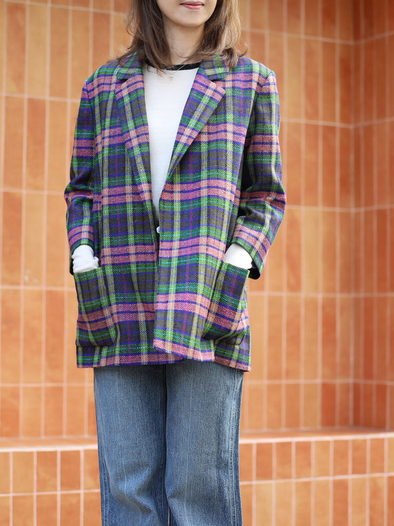 Pastel Tartan Quarter Sleeve Open Front Unlined Blazer