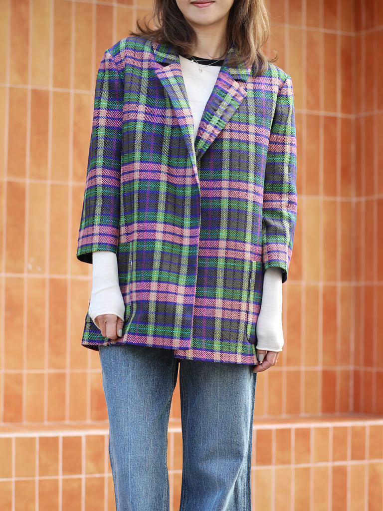 Pastel Tartan Quarter Sleeve Open Front Unlined Blazer