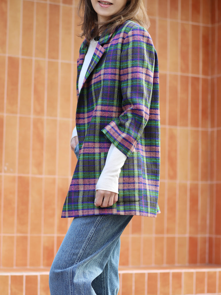Pastel Tartan Quarter Sleeve Open Front Unlined Blazer
