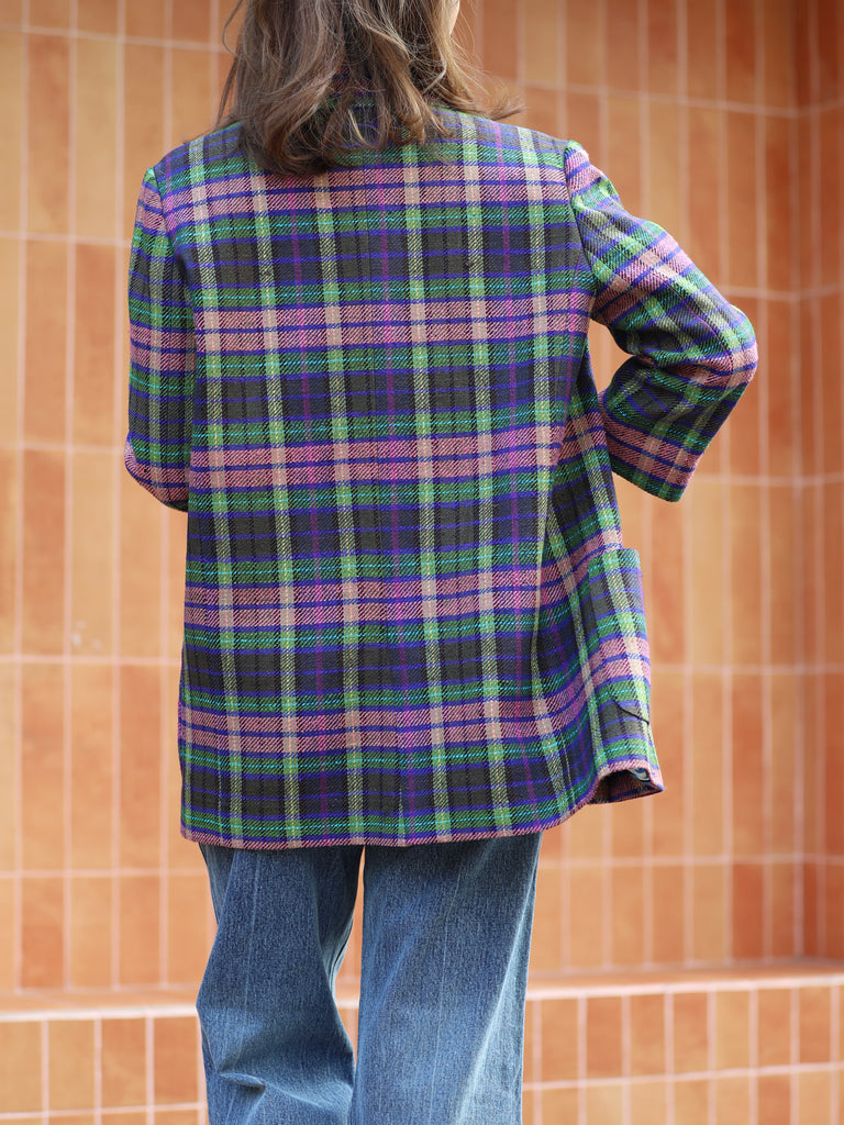 Pastel Tartan Quarter Sleeve Open Front Unlined Blazer