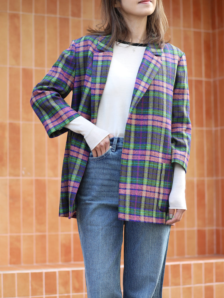 Pastel Tartan Quarter Sleeve Open Front Unlined Blazer