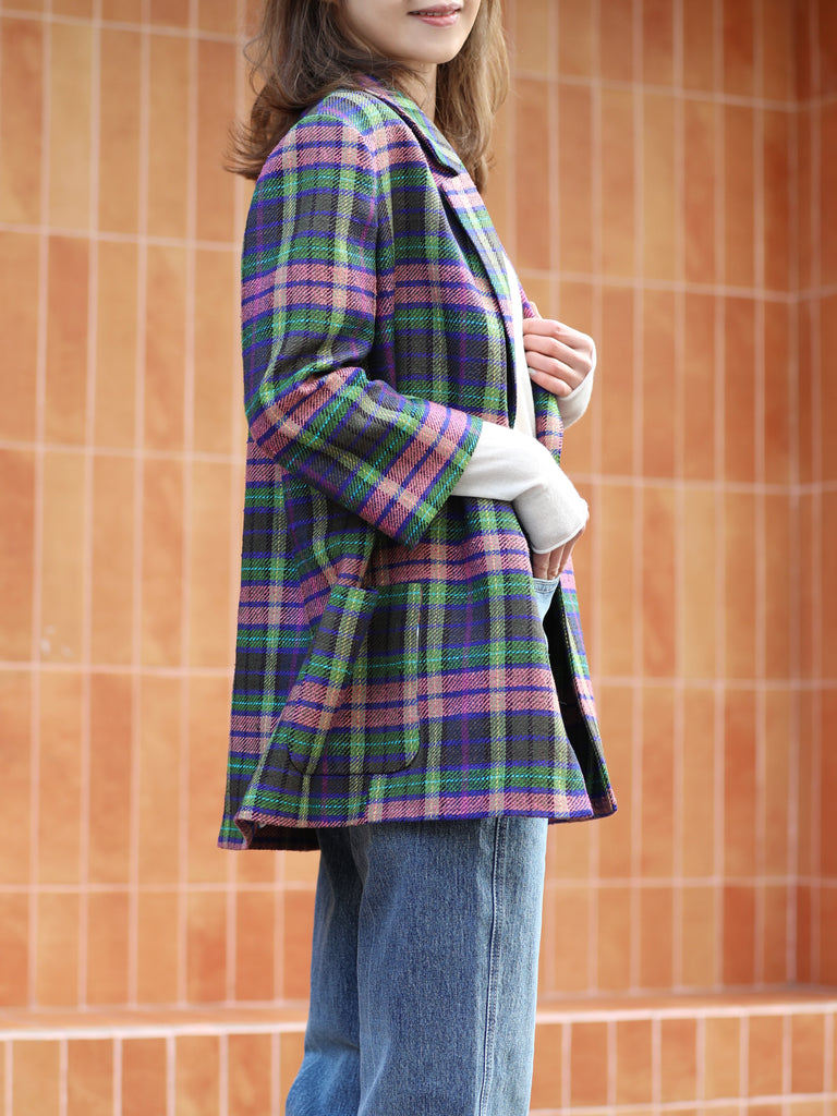 Pastel Tartan Quarter Sleeve Open Front Unlined Blazer