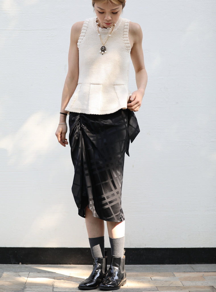 Black Silky Tonal Check Ruffle Hem Wrap Midi Skirt