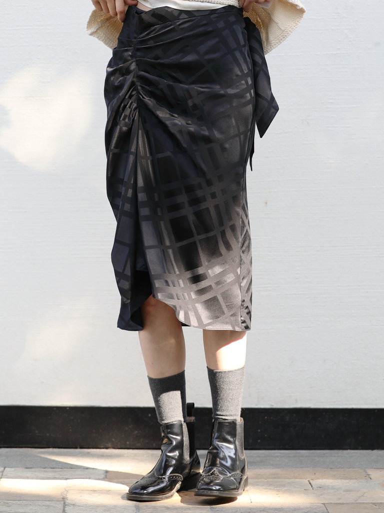 Black Silky Tonal Check Ruffle Hem Wrap Midi Skirt