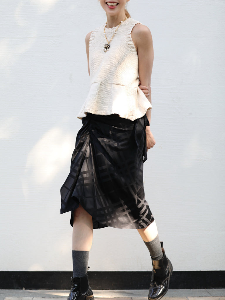Black Silky Tonal Check Ruffle Hem Wrap Midi Skirt