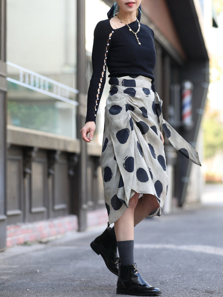 Silver Grey Lurex Navy Polka Dot Ruffle Hem Wrap Midi Skirt