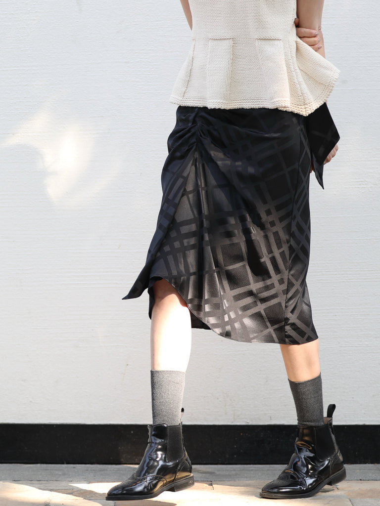 Black Silky Tonal Check Ruffle Hem Wrap Midi Skirt