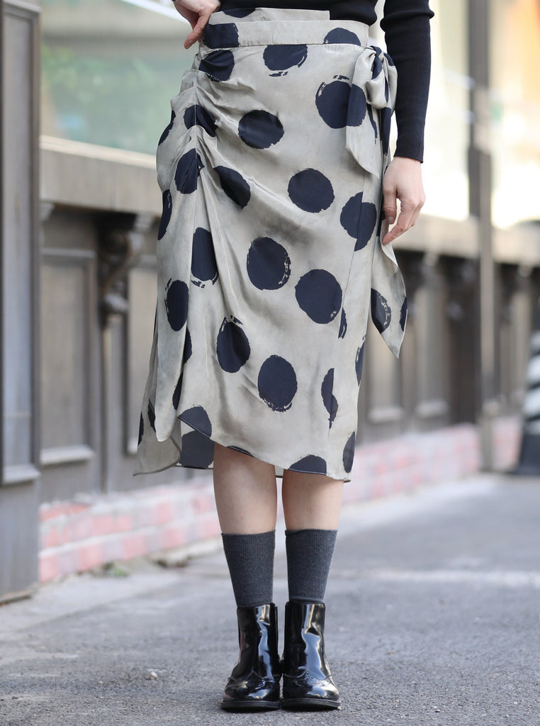 Silver Grey Lurex Navy Polka Dot Ruffle Hem Wrap Midi Skirt
