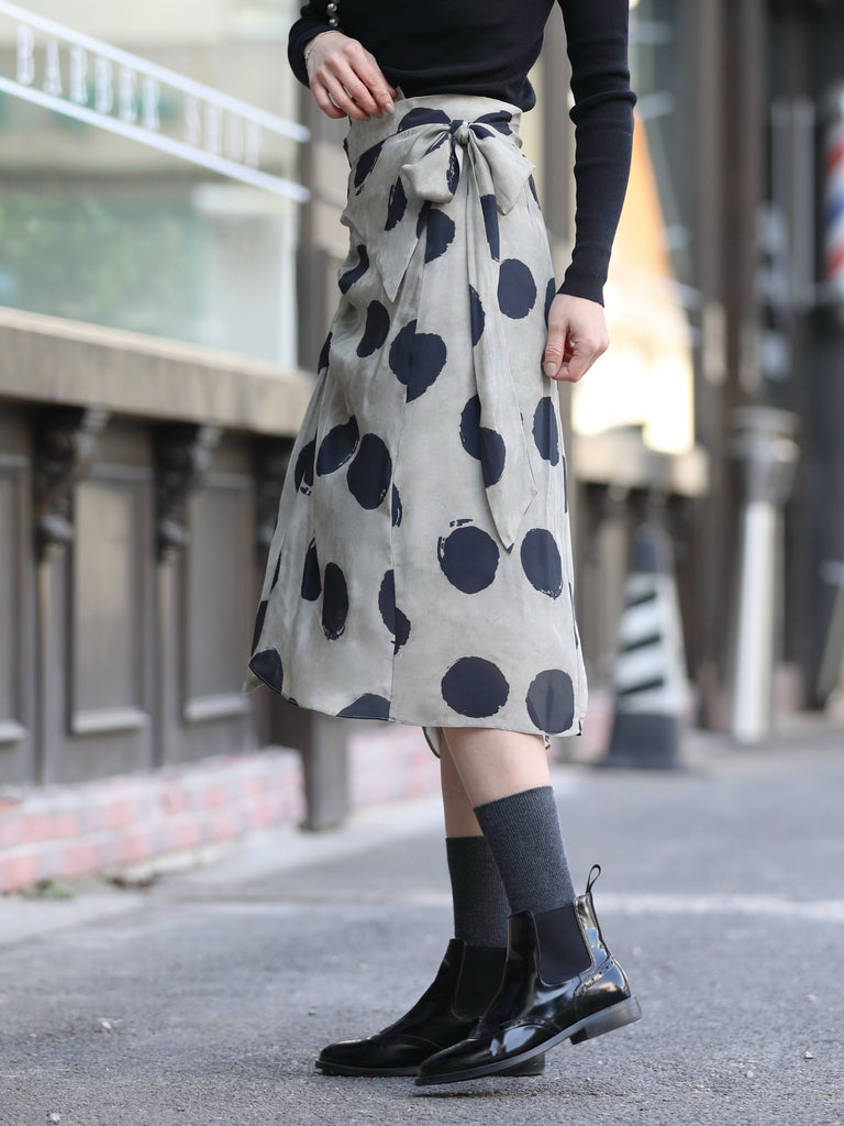 Silver Grey Lurex Navy Polka Dot Ruffle Hem Wrap Midi Skirt