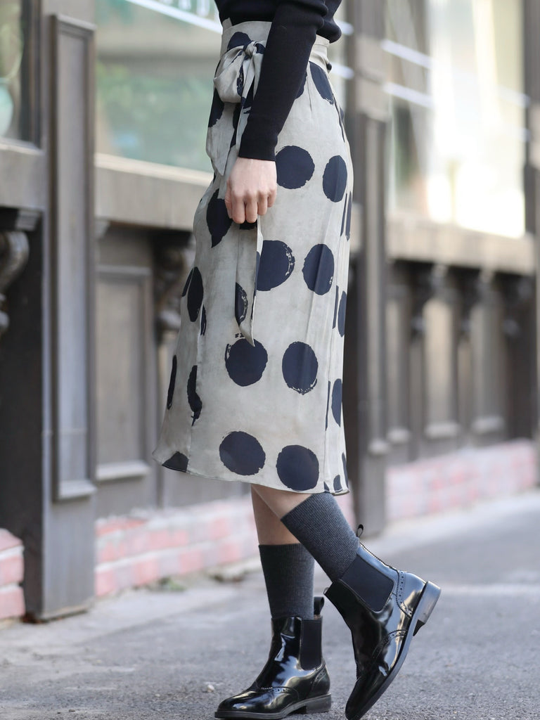 Silver Grey Lurex Navy Polka Dot Ruffle Hem Wrap Midi Skirt