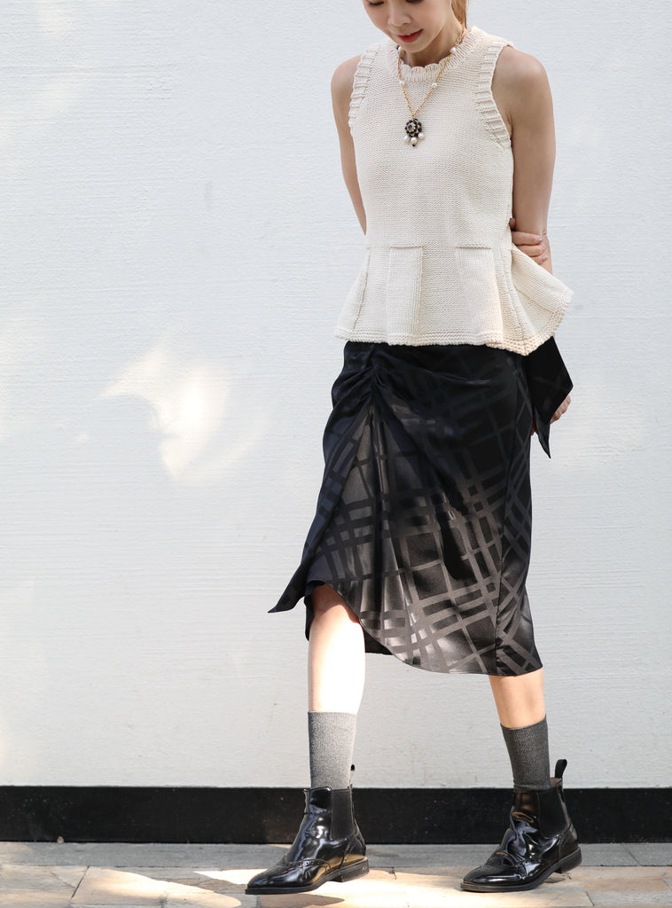 Black Silky Tonal Check Ruffle Hem Wrap Midi Skirt