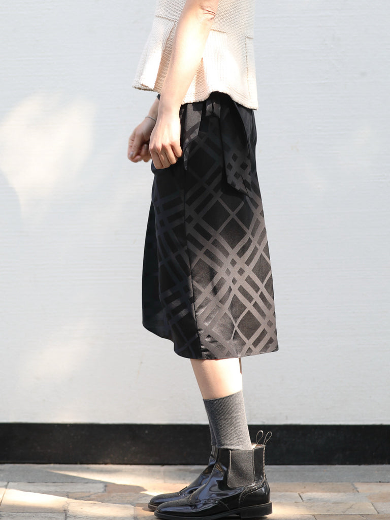 Black Silky Tonal Check Ruffle Hem Wrap Midi Skirt