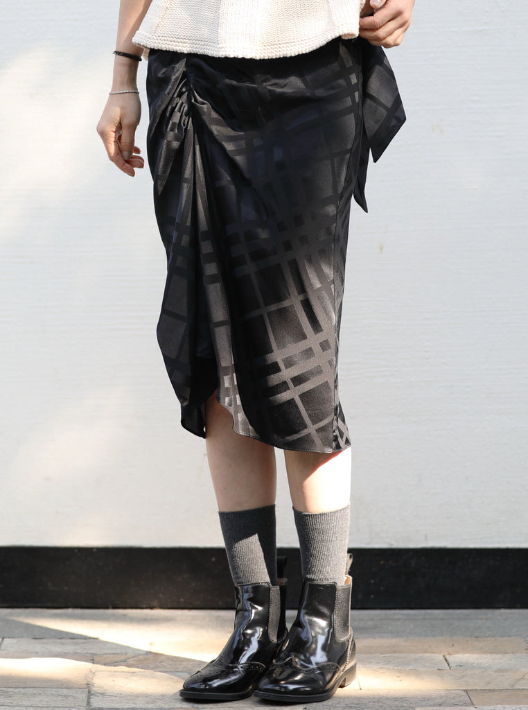 Black Silky Tonal Check Ruffle Hem Wrap Midi Skirt