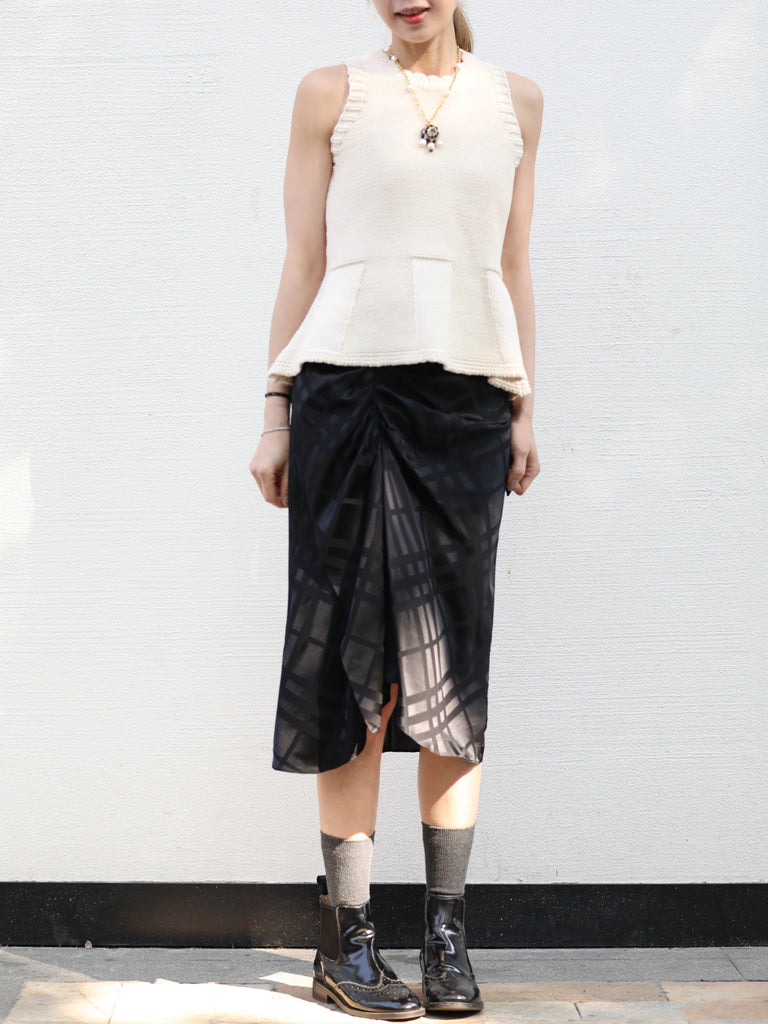 Black Silky Tonal Check Ruffle Hem Wrap Midi Skirt