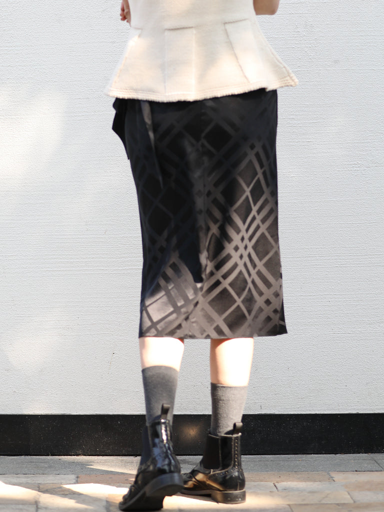 Black Silky Tonal Check Ruffle Hem Wrap Midi Skirt