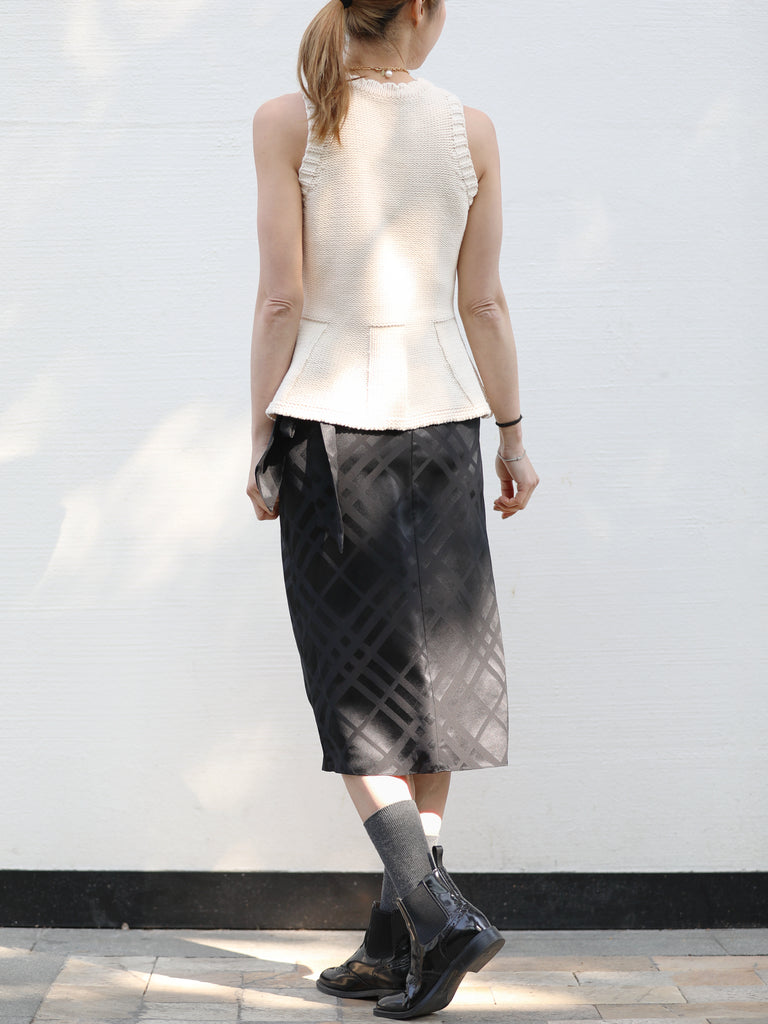 Black Silky Tonal Check Ruffle Hem Wrap Midi Skirt